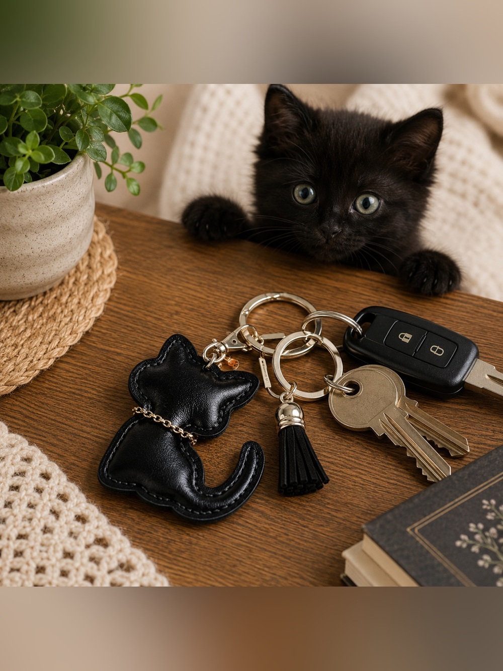Black Faux Leather Cat Keychain Bag Charm Tassel Gold Tone Cute Kawaii